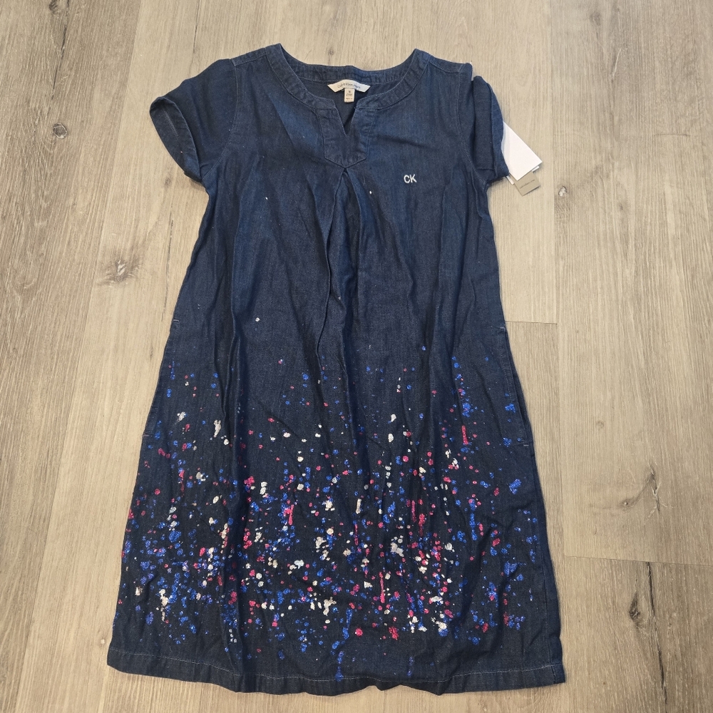 Calvin Klein Denim Dress Red White Blue Glitter Size Medium NWT